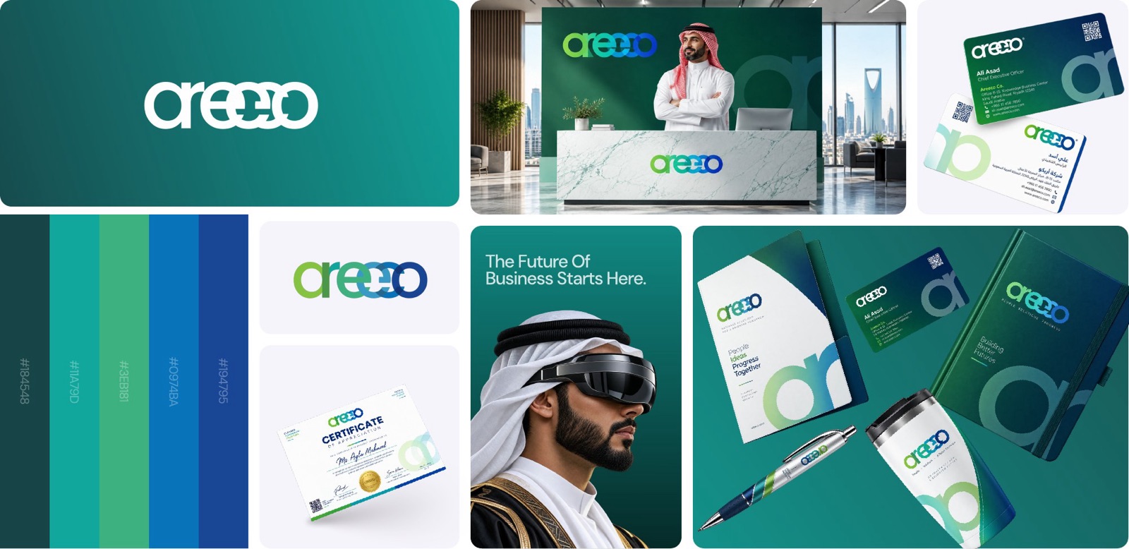 Areeco identity: logo, monogram, colour palette, stationery, signage and social
